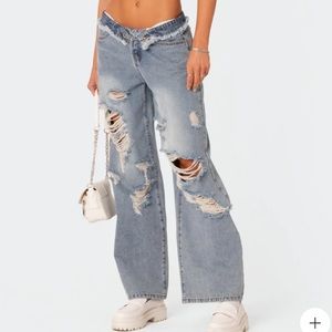 Edikted Fold over Boyfriend Light Blue Jeans